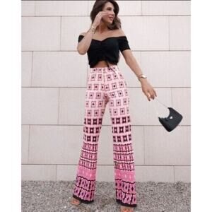 NWT ZARA Women's Pink Retro Geometric High Waist Flared Pants M